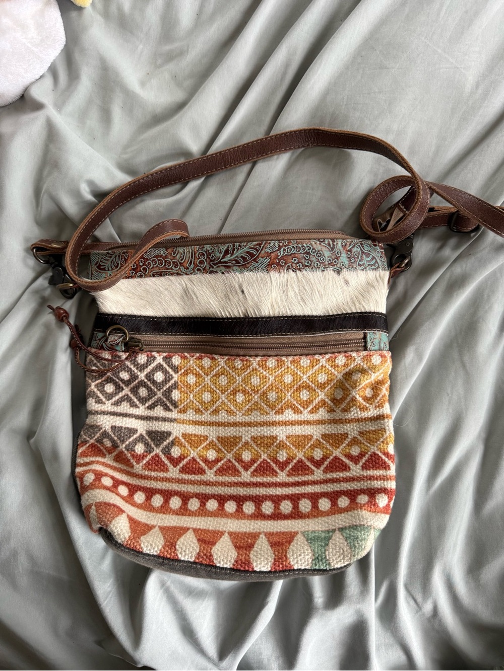 Myra Bag Multicolor Aztec Pattern Crossbody with Brown Leather Trim